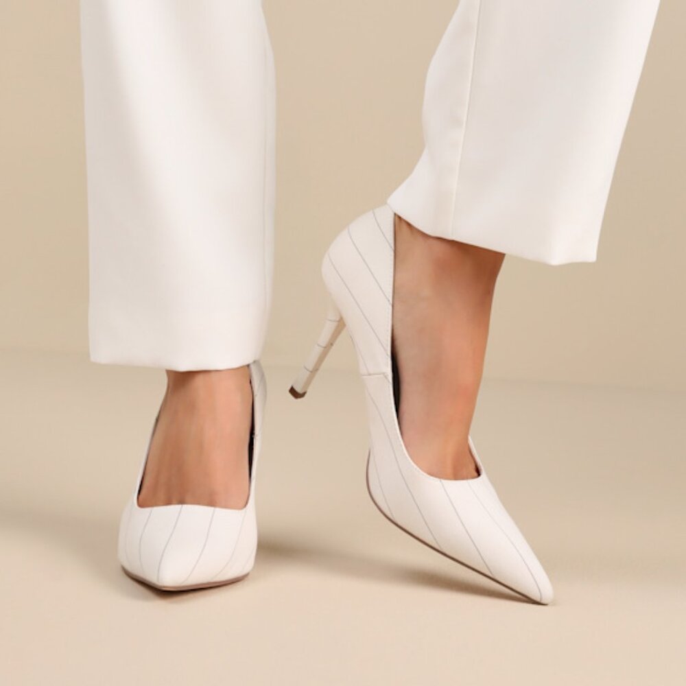 Lulus Kennett White Pinstripe Pointed-toe Pumps - Size 7.5